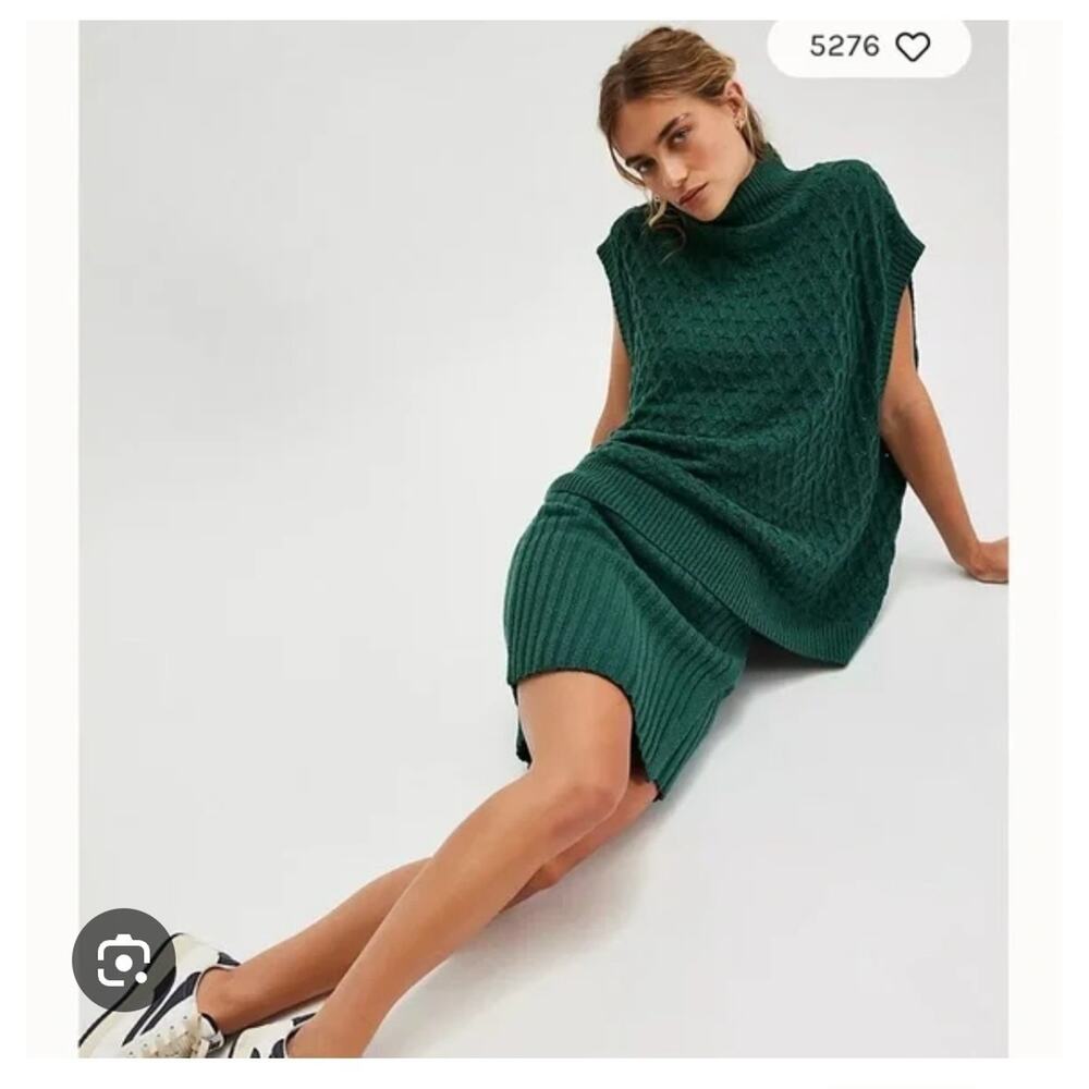 Free People Rosemary Co-Ord Emerald Green Cable Knit Sweater Skirt Set Small